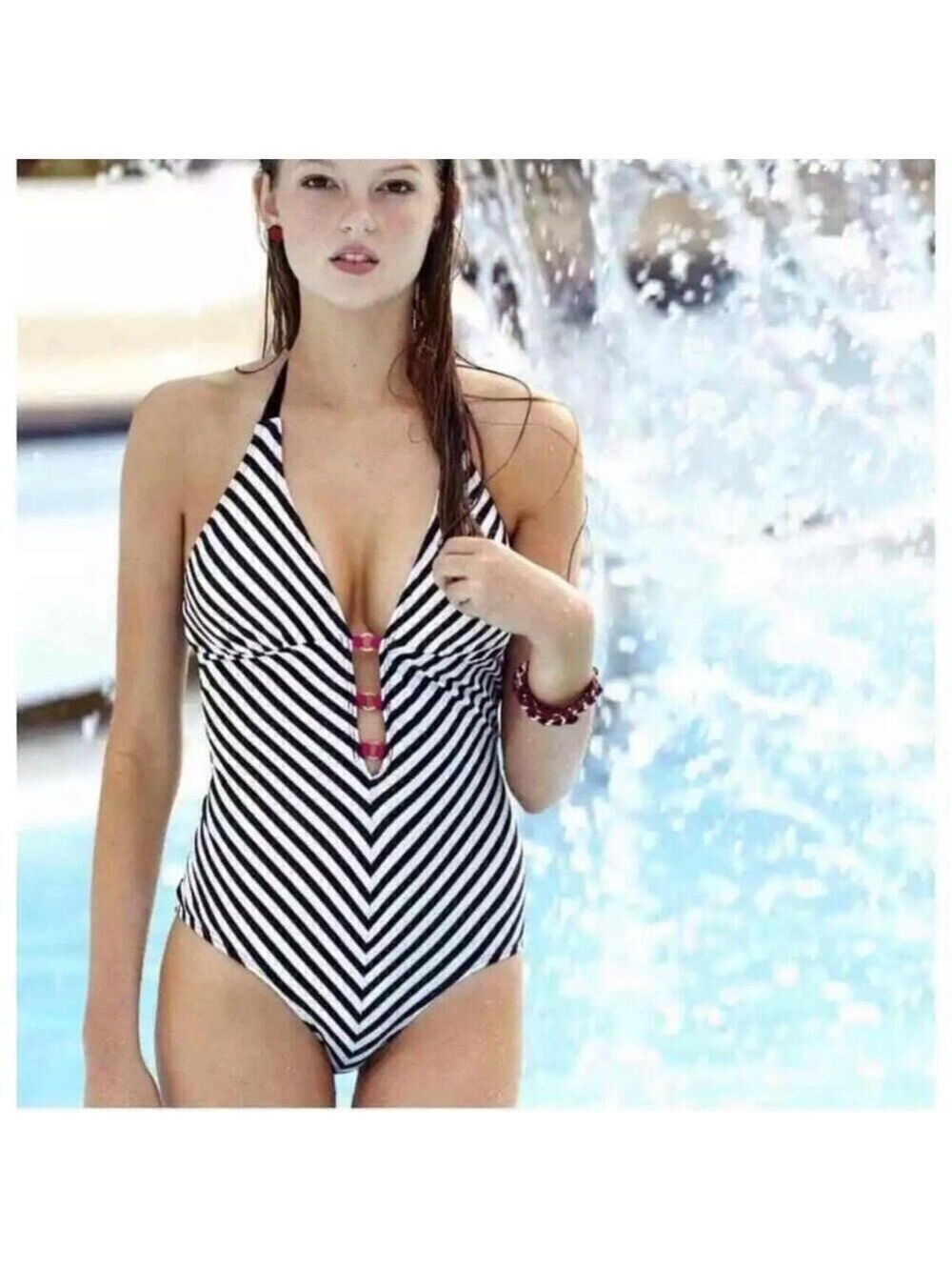 Guess One Piece Striped Plunging V-Neck Swimsuit Black White Size Medium